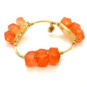 Bourbon and Bowties Orange Stone Gold Tone Wire Wrapped Bangle Bracelet 7 Inch